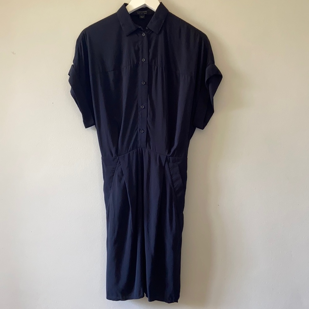 ALL SAINTS Navy Blue Collared Button Down Dress